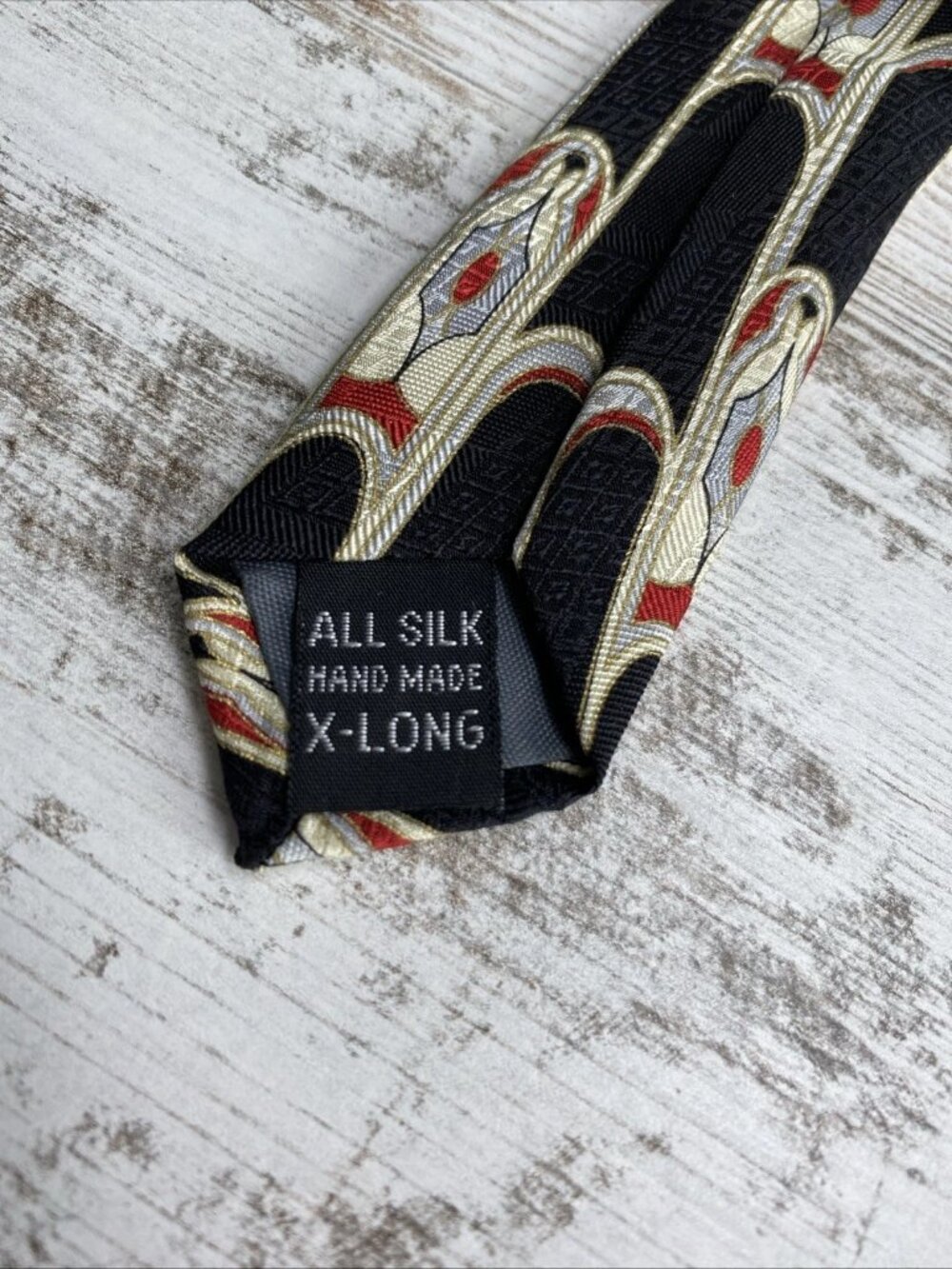 Contissima X-Long Silk Tie Art Deco Geometric Black Gold Red 64” Handmade - Picture 5 of 5